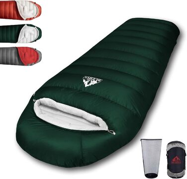 Пуховий спальний мішок для дорослих, преміум-якість 680FP, зимовий для кемпінгу та подорожей, з компресійним мішком. -10°C, сірий (-4°C, зелений)