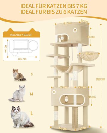 Драбина-кіготь для котів Hzuaneri, 203 см, з великою платформою, 2 печери, 7 кігтеточок, помпони, лежанки, гамак, для всіх порід котів, бежевий MS20318YL XXL (60 x 50 x 203 см)
