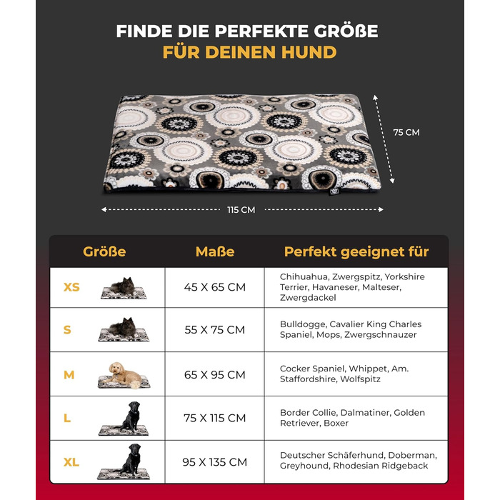 Лежанка для собак XS (45x65 см) – ковзаюча поверхня та комфорт завдяки 3 см наповнювачу – ідеально підходить для дивану, авто та переноски – Made in DE (75 x 115 см, Мандала Антрацит)