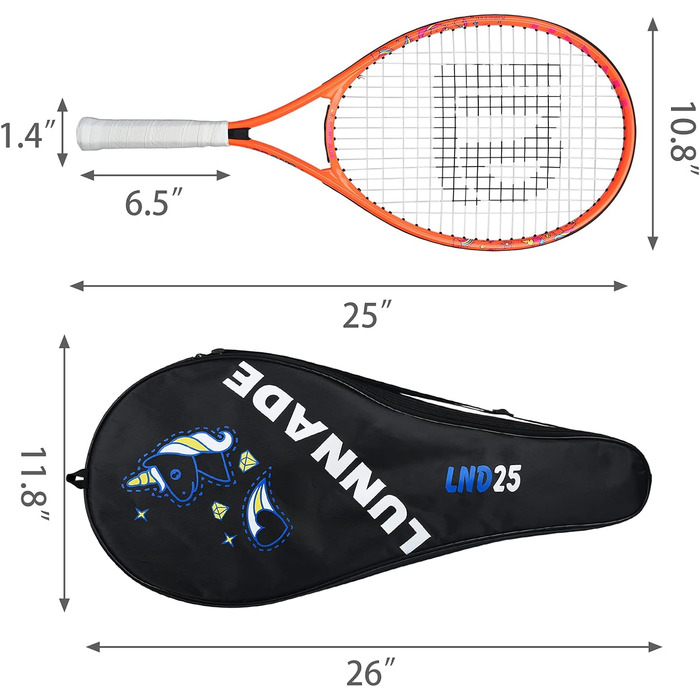 Lunnade Kids Tennis Racket Set - Junior Tennis Racquets for Boys & Girls Ages 3-12 with Cover (Orange, 2-Pack, 25 Inch)