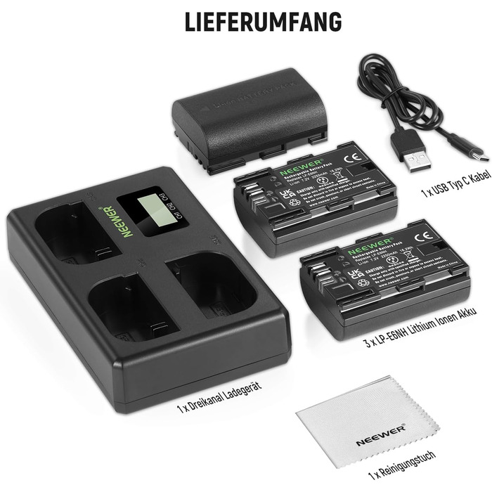 NEEWER Комплект акумуляторів та зарядного пристрою LP-E6NH (3 шт. 2250mAh) з USB зарядкою на 3 слоти, серветка, сумісний з Canon EOS R7, R5, R6, R6 II, R 5DIV, 6DII, 7DII, 80D, 90D
