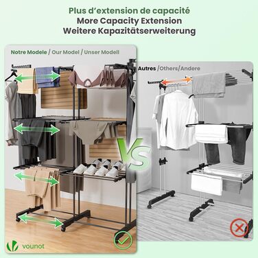 VOUNOT® Сушарка для білизни Турм Розкладна, для дому та вулиці, з розкладними крилами, телескопічною штангою, 6 колесами, 40м довжини сушіння, 3 яруси, білий (чорний) колір