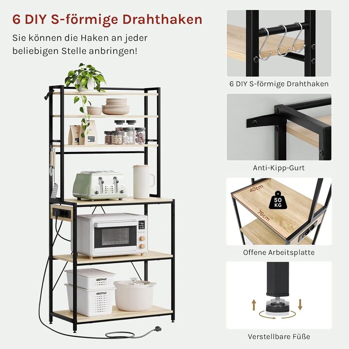 Кухонна полиця WOLTU з 6 ярусами, з розетками, мікрохвильова полиця з 6 гачками, полиця для пекаря з металевим каркасом, регульовані полиці, Чорний+Рустикальне коричневе, 60 x 167 x 40 см (Чорний+світлий дуб, 80 x 39,5 x 167 см)