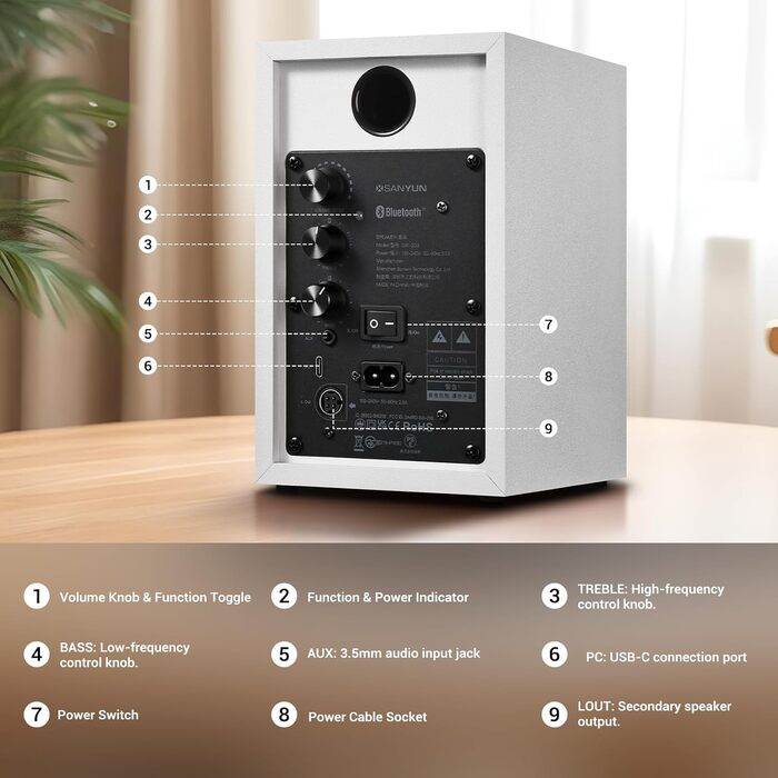 Акустичні колонки Sanyun SW203 - 60W, 4-Way, DSP, 3D звук, USB/Bluetooth 5.4, AUX, для студії (Пара, Червоний)