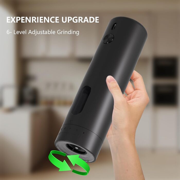 Electric Salt and Pepper Grinder Set, Rechargeable, Automatic Electric Pepper Grinder Set with Large Capacity 110ml, Externally Adjustable Coarseness, LED Light, and One-Hand Operation, Black
