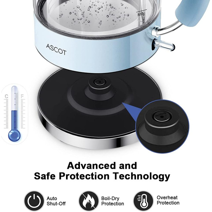 Електричний чайник ASCOT зі скла, 1,5L, блакитний, з функцією захисту від сухого кипіння та автоматичним вимкненням. Ідеальний подарунок для чоловіків, жінок та сім'ї.