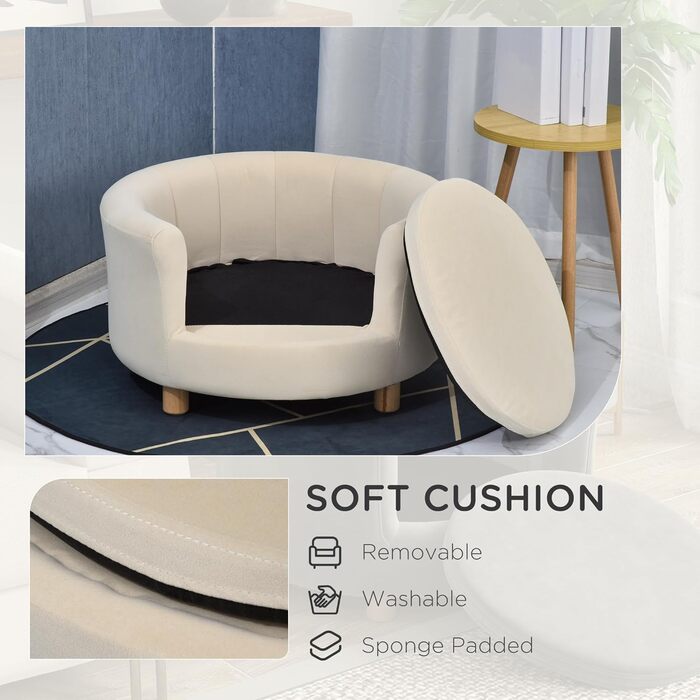 PawHut Софа для собак з підголівником та знімним подушкою, для дому, 65x64x37 см, кремовий колір