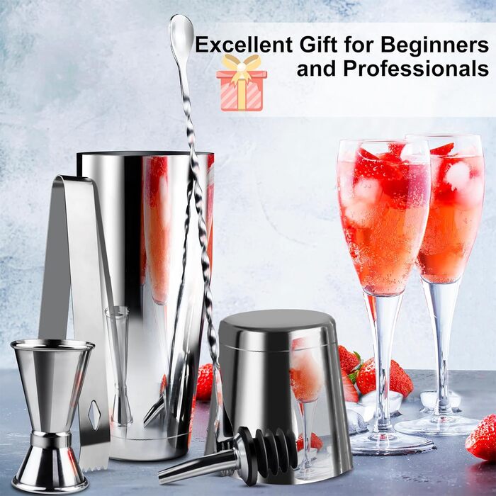 Набір шейкер для коктейлів Boston 700/600мл | Нержавіюча сталь | 8-ми частинний набір для бармена з аксесуарами: мірний стаканчик та барна ложка | Ідеально для дому та бару