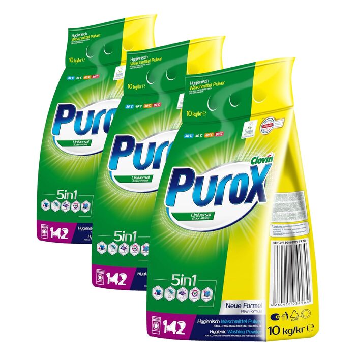 Універсальний пральний порошок PUROX (142 WL) у м'якій упаковці, 10 кг (набір з 3 шт)
