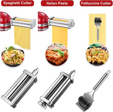 Насадка для приготування пасти Gdrtwwh для кухонного міксера KitchenAid, набір: ролик для тіста, різак для спагеті, ролик для локшини та щітка, нержавіюча сталь, ручний