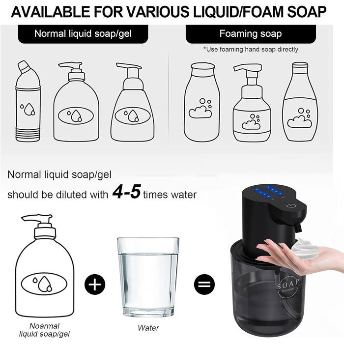 Автоматичний диспенсер для рідкого мила Cuteefun, 400 мл, сенсорний, індикатор заряду, 4 рівні дозування, для ванної, кухні, чорний