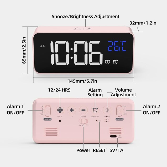 Будильник HOMVILLA Digital з великим LED-дисплеєм температури, двома будильниками, функцією відкладання, регулюванням яскравості та 10 мелодіями для спальні (рожевий)