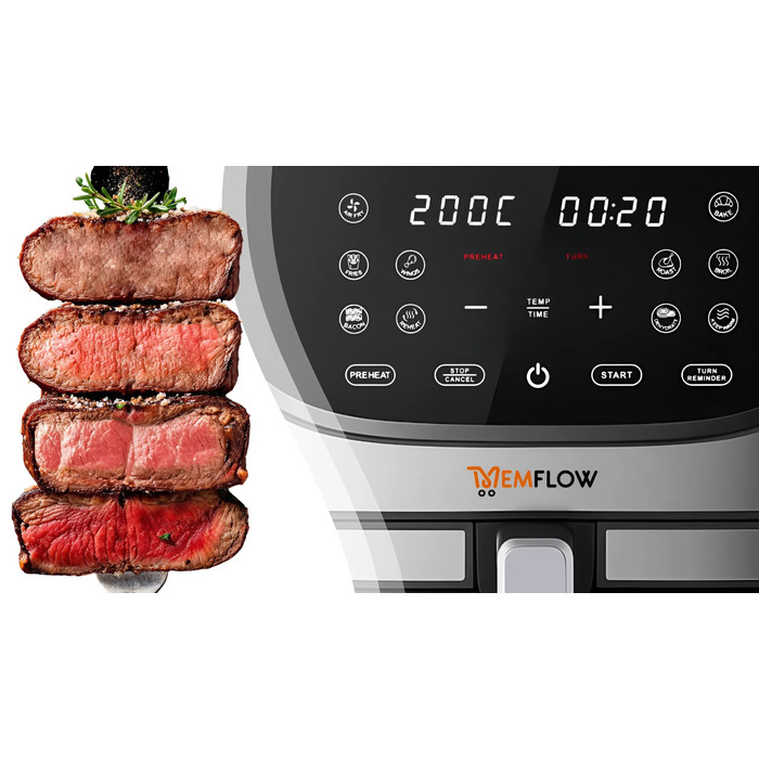 Аерофритюрниця MEMFLOW 8л, 1800 Вт, 14 програм, сенсорне керування, срібляста