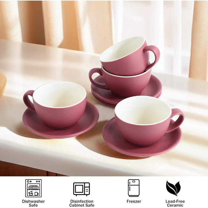 Набір кавових чашок Капучіно Yundu 4 шт. по 300 мл – керамічні чашки з блюдцями, матова палітра темних відтінків для латте-арту та бариста, великий набір мока чашок та блюдець (Матовий фіолетовий)