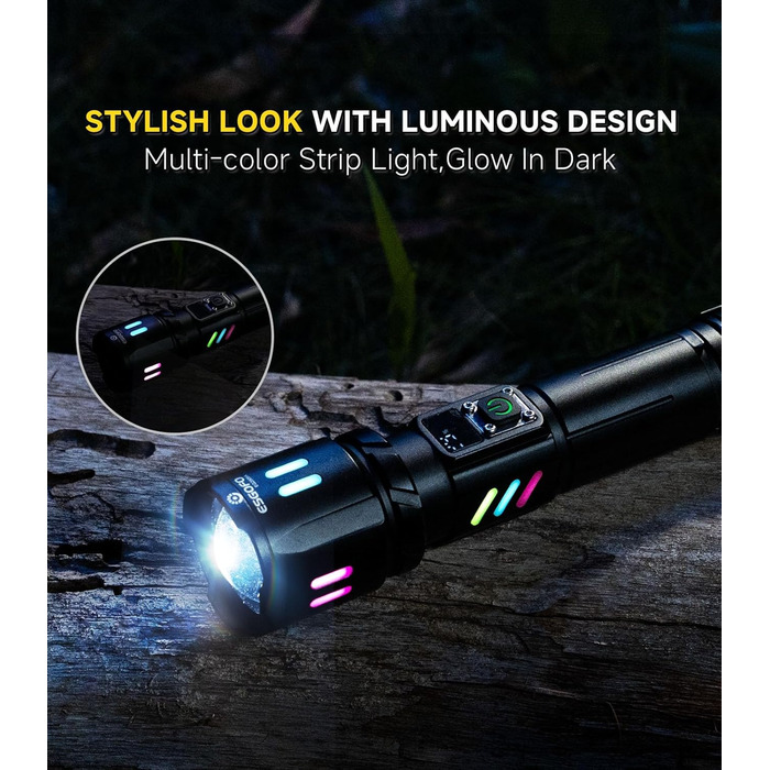 LED ліхтар Esgofo 500000 люменів, перезарядна, екстремально яскрава, 15 годин роботи, USB-C, дальність 1000м, регульований фокус та режими світла, для активного відпочинку та безпеки