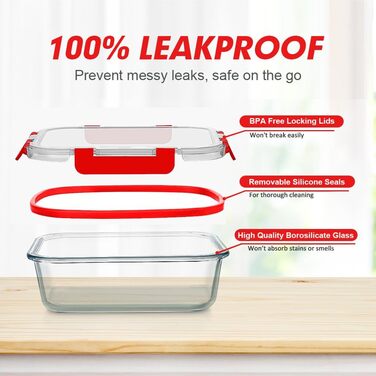 Набір контейнерів Verones 24 шт. з кришками, повітряний, скляний, для обіду, червоний