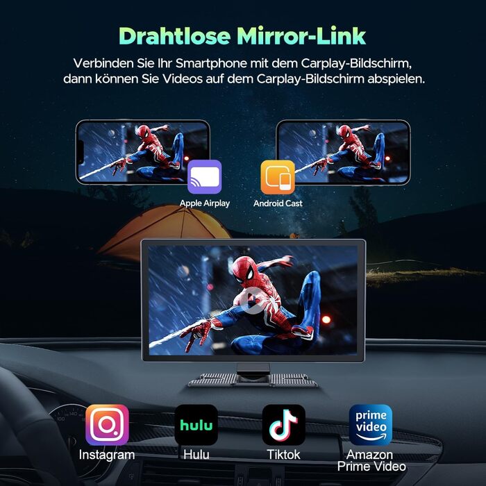 Volam автомобільна магнітола з 9'' IPS, бездротовий CarPlay та Android Auto, Bluetooth 5.0, FM, AUX, підтримка Siri та Google, портативний дисплей
