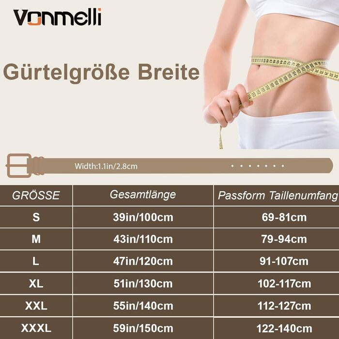 Комплект жіночих шкіряних ременів VONMELLI (3 шт.) для джинсів, спідниць та суконь. Золота пряжка, чорний, коричневий, бежевий, розмір M (79-94 см)