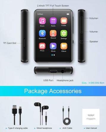 MP3 плеєр 64GB Bluetooth 5.3 HiFi з металевим корпусом, радіо FM, диктофон, сенсорний екран 2.4