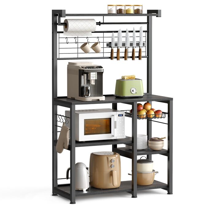 Стелаж кухонний VASAGLE KKS026B01, підлоговий, з магнітною смугою для ножів, кошиком, тримачем для рушників, 12 гачків, вінтажний коричневий-чорний