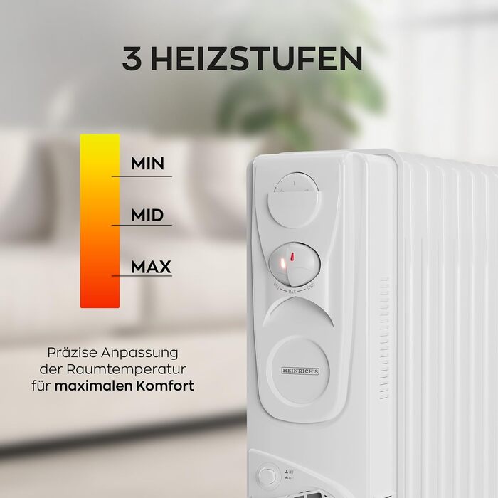 Електричний масляний радіатор Heinrich з 13 ребрами, 2500W, з вентилятором, терморегулятором, захистом від перегріву та нахилу, чорний