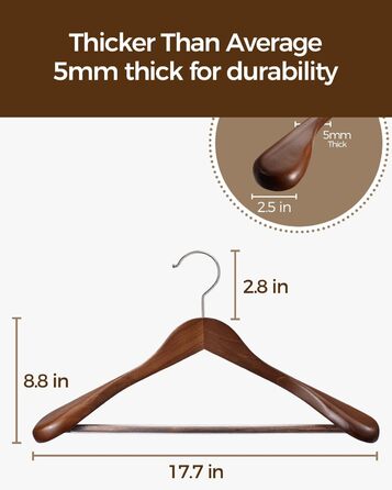 Набір дерев'яних вішалок Premium з широкими плечима (6 шт.) з обертовими гачками | Для пальто, курток, суконь | Натуральне дерево, вінтажний стиль