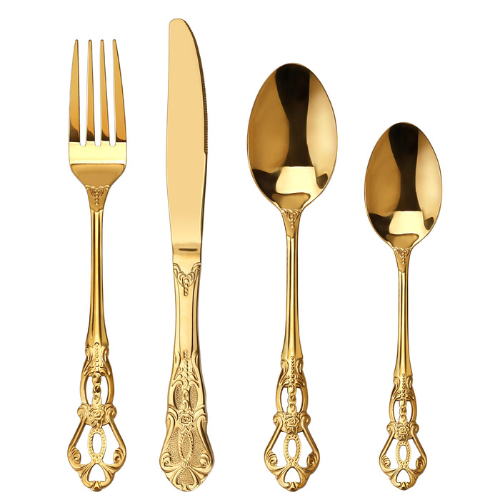 Набір столових приборів Retro Gold на 6 осіб, 24 предмети, нержавіюча сталь, античний бароковий дизайн, золотий колір