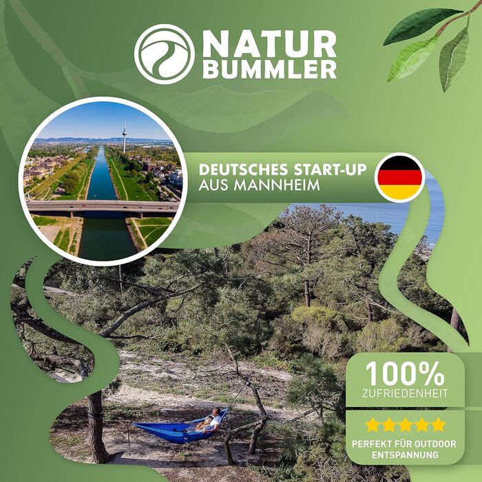 Гамак NaturBummler вуличний 300x170 см для 1-2 осіб (Meeresblau) з захистом дерева та кріпленням - легкий, водостійкий, подвійний шар для кемпінгу та саду