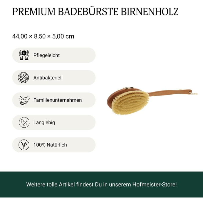 HOFMEISTER® Bath Brush with soft natural bristles, made of pear wood, 44 cm length, Made in Germany