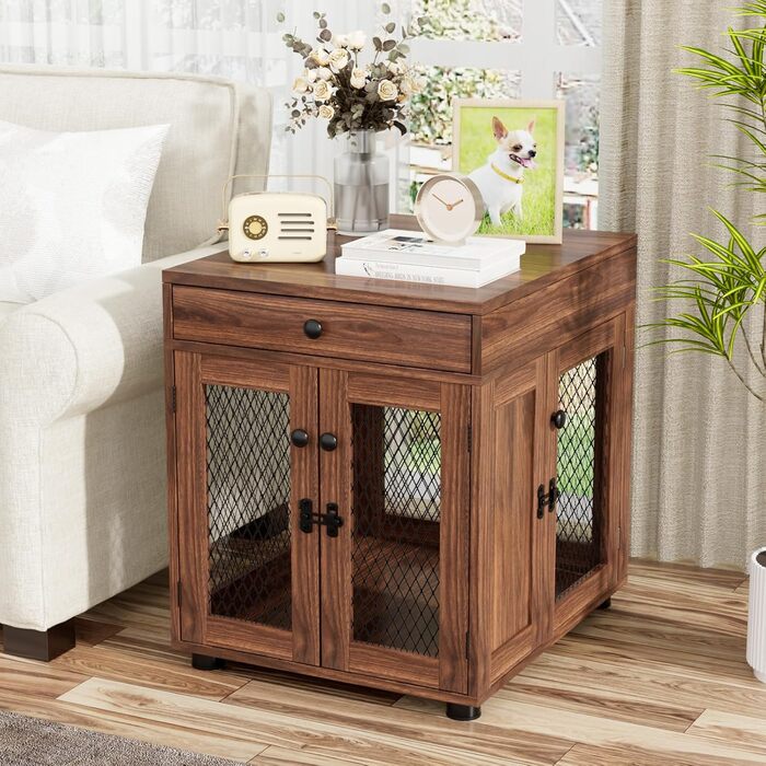 Клітка для собак VOWNER з дерева, 3 двері, з ящиком, 51x60x62 см, для собак до 20 кг, горіховий колір