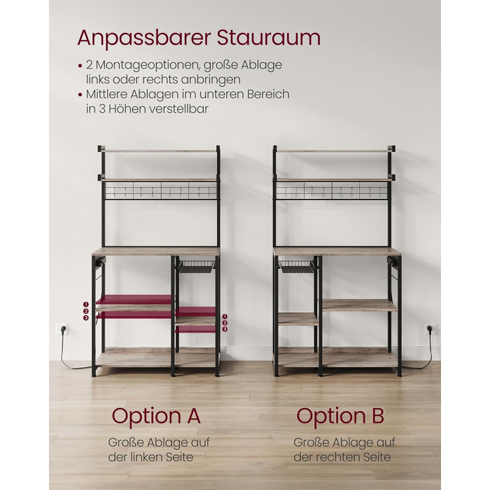 Полиця кухонна VASAGLE з розетками, стелаж для мікрохвильової печі, 8 гачків S-подібної форми, кухонний шафчик, органайзер для спецій, 40 x 90 x 165,5 см, коричневий вінтаж та чорний, KKS031K11