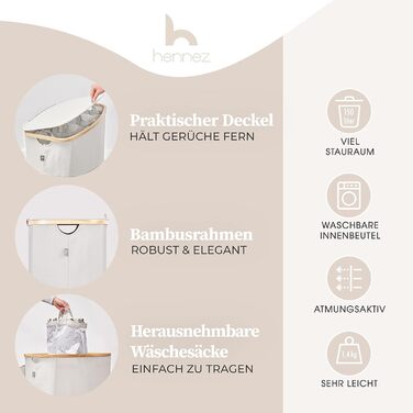 Сортувальна корзина для білизни Hennez, 150 л, 3 відділення, бамбук, з кришкою та мішком, бежевий, органайзер для прання