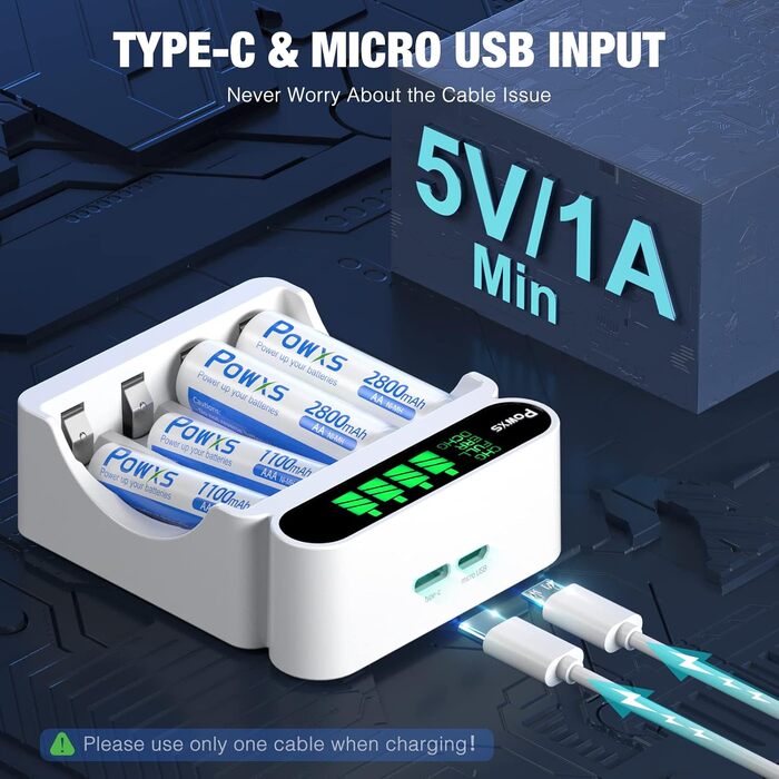 Зарядний пристрій POWXS для акумуляторів NI-MH NI-CD AA AAA з LCD-дисплеєм, універсальний, Micro USB & Type-C, безпечний