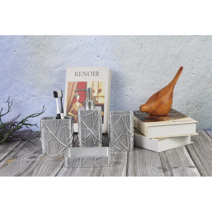 Набір аксесуарів для ванної кімнати Hymmah, золотий дизайн, 4 предмети: тримач для зубних щіток, мильниця, дозатор мила, чашка для зубних щіток. Стиль: фермерський дім, індустріальний. Матеріал: високоякісна смола. Чудовий подарунок для дому.