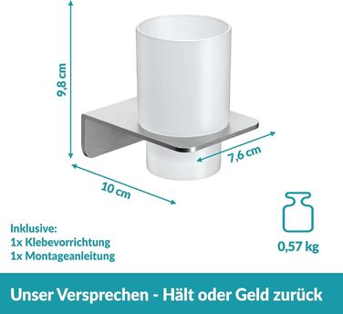 WEISSENSTEIN Toothbrush Holder without Drilling | Cup and Toothbrush Holder to Glue to the Wall | Stainless Steel Holder and White Glass | in Silver
