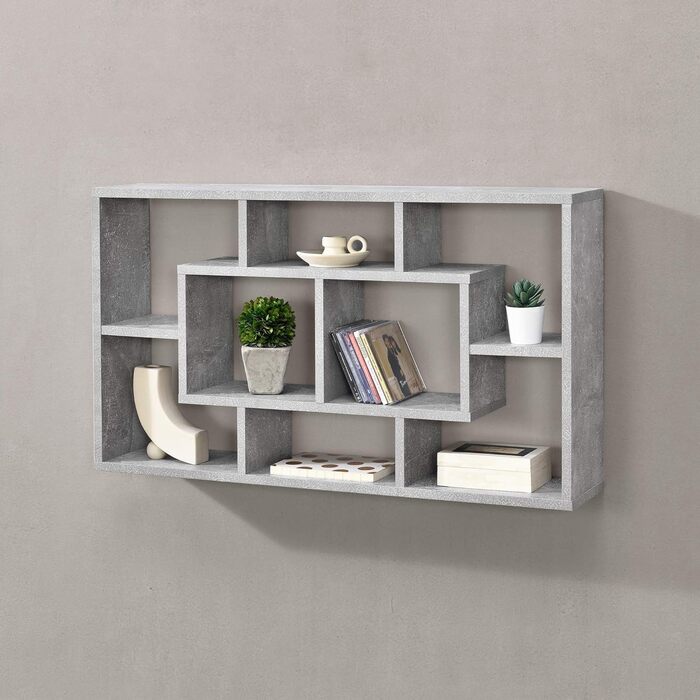 Настінна полиця en.casa Saputit 85x16x48 см, 8 секцій, книжкова полиця, підвісна, для офісу, у стилі ретро, сірий бетон