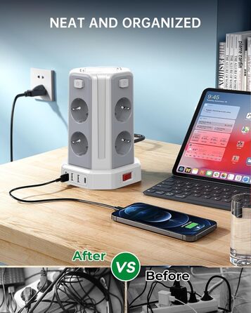 Многорозетка Sameriver з 4 USB, 8 розеток, захистом від перенапруги, вимикачем, 2м, білий