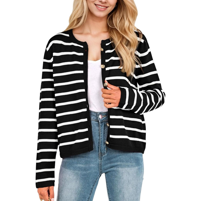 Жіноча коротка в'язана куртка з двома кишенями на ґудзиках, смугастий пуловер, стильна осіння кардиган, круглий виріз, модна в'язана кофта XL чорного кольору