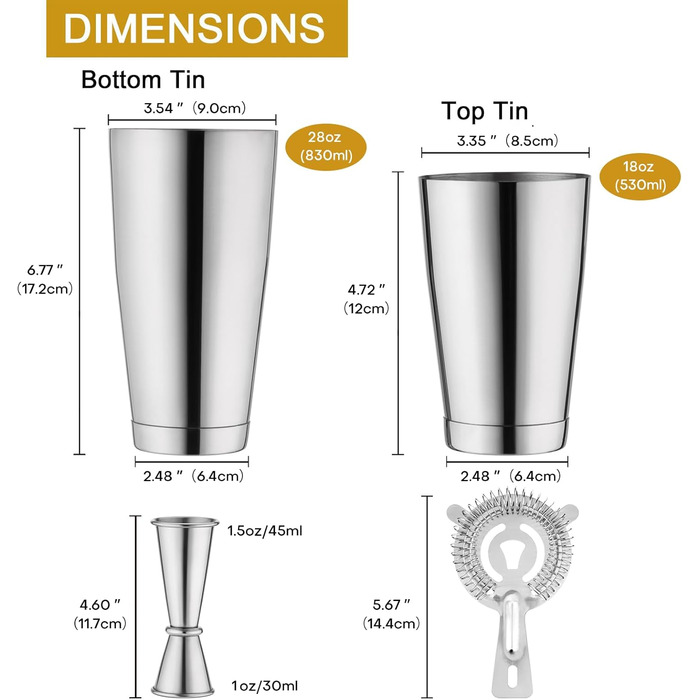 Набір для коктейлів WOTOR Boston: шейкер 18oz та 28oz, сито, подвійний джигер, професійний барний інвентар (срібло)