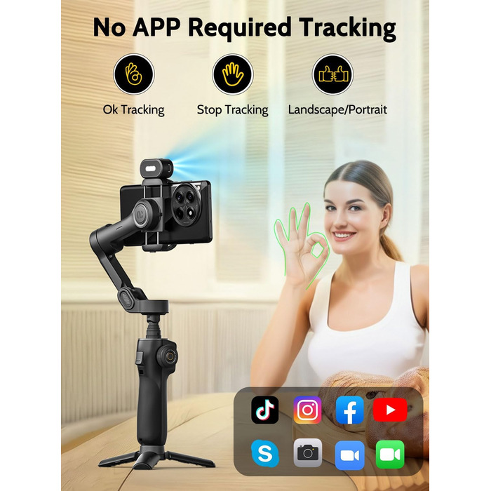 Стабілізатор для смартфона AOCHUAN V8 AI: 3-осьовий, для iPhone/Android, OLED-дисплей, 20 см, AI-трекінг, чорний