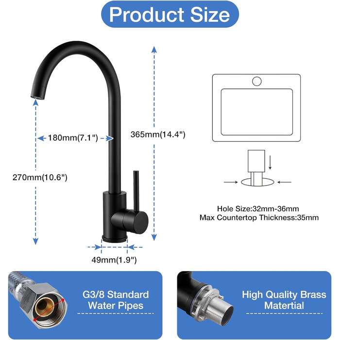 Чорний кухонний змішувач з нержавіючої сталі 304, поворотний вилив, моно-змішувач, стандарт UK, матовий чорний