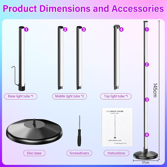 LED торшер для вітальні 145 см RGB, диммування, керування пультом/APP, 16 млн кольорів, 300 режимів, музичний режим, DIY, чорний