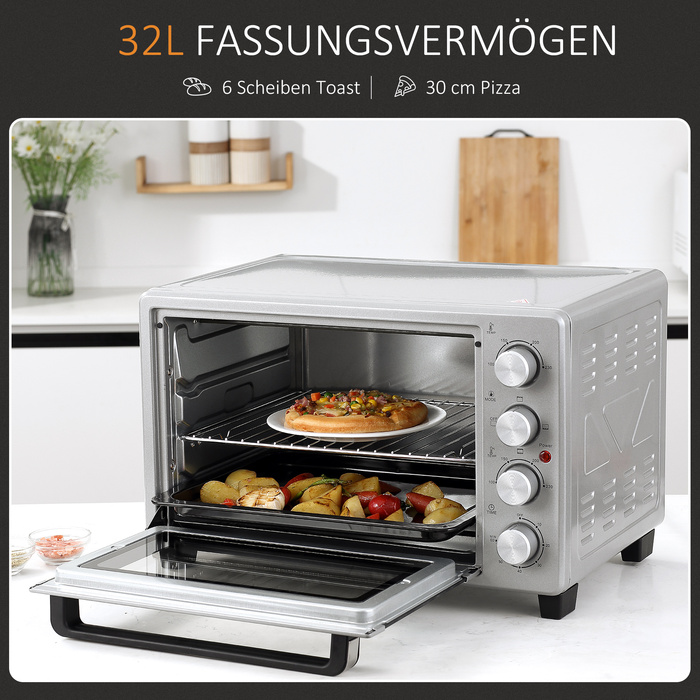 HOMCOM Mini Oven 32L, 1600W, Electric Oven with Grease/Drip Tray, Stainless Steel & Glass, Silver, 52.2x38.1x33.5cm | Aosom