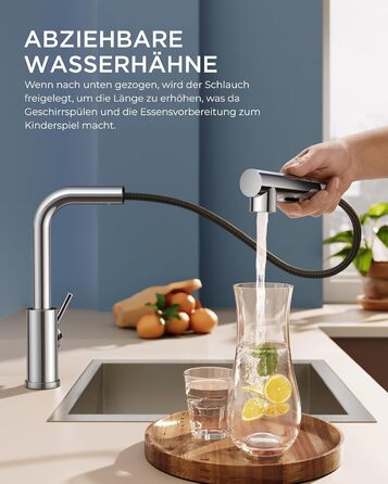 Змішувач для кухні FORIOUS висувний з душем, кухонний, L-подібний, 360° поворот, 2 режими, полірований хром