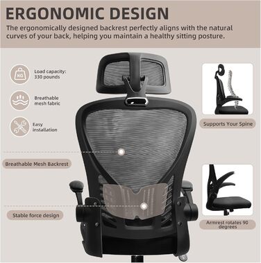 Ергономічне крісло для офісу та дому з підтримкою попереку та регульованою підголівником, велике сидіння