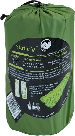 Klymit Static V Sleeping Pad (Green) - Lightweight Camping Mat