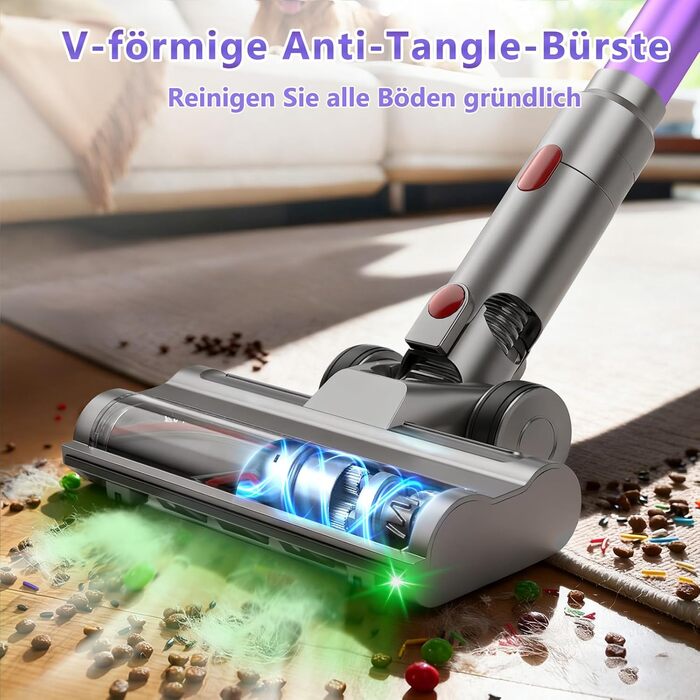 Бездротовий пилосос Hearten 4-в-1 з акумулятором, LED-дисплеєм та щіткою проти намотування, керуванням в один дотик, LED-підсвічуванням для шерсті тварин/килимів/твердих підлог, фіолетовий