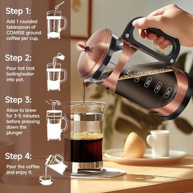 YMMIND 963.9 g French Press Coffee Maker Copper Stainless Steel Coffee Press, with 4-Stage Filtration System, Heat-Resistant Thick Borosilicate Glass, BPA-Free Brewed Coffee Pot for Camping Gifts