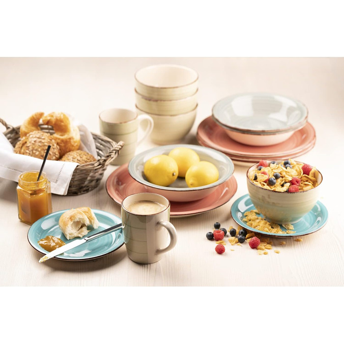 MÄSER 931875 Bel Tempo II, 18-piece tableware set for 6 people with a modern vintage look, hand-painted ceramic tableware, stoneware, smoky blue