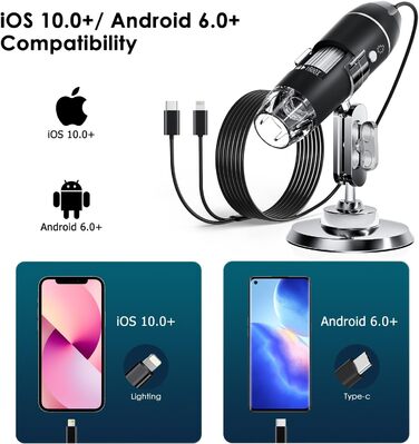Цифровий мікроскоп USB SKYBASIC з ручним керуванням, HD-інспекційна камера з 50-1600x збільшенням, регульований штатив, 8 LED-ламп, сумісний з iOS та Android. Чорний